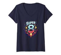 Super 8 Space Adventure Birthday Blast for Kids V-Neck T-Shirt, Women, Navy, L