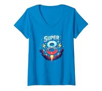 Super 8 Space Adventure Birthday Blast for Kids V-Neck T-Shirt, Women, Sapphire, L