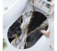 Super Absorbent Diatomaceous Earth Stone Bath Mat,Black and White Marble Mosaic with Golden Veins Quick-Drying Bathroom Carpets,Non Slip Bathtub Floor Mat,Easy to Clean(Oval 50×80cm)
