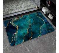 Super Absorbent Diatomaceous Earth Stone Bath Mat,Teal and Gold Marble Quick-Drying Bathroom Carpets,Non Slip Bathtub Floor Mat,Easy to Clean, Simple Kitchen Doormat(Square 50×80cm)