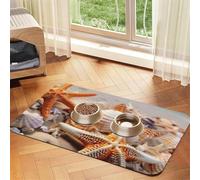 Super Absorbent Dog Food Mat, Beach Starfish Shells Pet Feeding Mat for Food and Water Bowls Non-Slip Waterproof Placement Pad for Floors Quick Dry Water Dispenser Mat for Dogs Puppy Cats