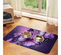 Super Absorbent Dog Food Mat, Beautiful Purple Butterfly Art Pet Feeding Mat for Food and Water Bowls Non-Slip Waterproof Placement Pad for Floors Quick Dry Water Dispenser Mat for Dogs Puppy Cats