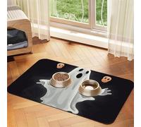 Super Absorbent Dog Food Mat, Black and Halloween Ghost Pet Feeding Mat for Food and Water Bowls Non-Slip Waterproof Placement Pad for Floors Quick Dry Water Dispenser Mat for Dogs Puppy Cats