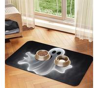 Super Absorbent Dog Food Mat, Black and Halloween Ghost Pet Feeding Mat for Food and Water Bowls Non-Slip Waterproof Placement Pad for Floors Quick Dry Water Dispenser Mat for Dogs Puppy Cats