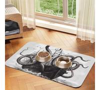 Super Absorbent Dog Food Mat, Black and White Octopus and Ship Pet Feeding Mat for Food and Water Bowls Non-Slip Waterproof Placement Pad for Floors Quick Dry Water Dispenser Mat for Dogs Puppy Cats