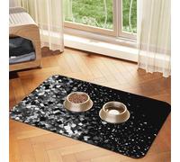 Super Absorbent Dog Food Mat, Black White Glitter Pet Feeding Mat for Food and Water Bowls Non-Slip Waterproof Placement Pad for Floors Quick Dry Water Dispenser Mat for Dogs Puppy Cats