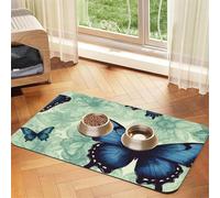 Super Absorbent Dog Food Mat, Blue Butterfly Pattern Pet Feeding Mat for Food and Water Bowls Non-Slip Waterproof Placement Pad for Floors Quick Dry Water Dispenser Mat for Dogs Puppy Cats