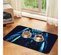 Super Absorbent Dog Food Mat, Blue Owl Pet Feeding Mat for Food and Water Bowls Non-Slip Waterproof Placement Pad for Floors Quick Dry Water Dispenser Mat for Dogs Puppy Cats