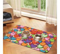 Super Absorbent Dog Food Mat, Colorful Heart Pattern Pet Feeding Mat for Food and Water Bowls Non-Slip Waterproof Placement Pad for Floors Quick Dry Water Dispenser Mat for Dogs Puppy Cats