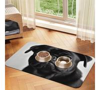 Super Absorbent Dog Food Mat, Cute Black Pug Dog Pet Feeding Mat for Food and Water Bowls Non-Slip Waterproof Placement Pad for Floors Quick Dry Water Dispenser Mat for Dogs Puppy Cats