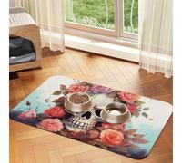 Super Absorbent Dog Food Mat, Cute Skeleton with Flowers Pet Feeding Mat for Food and Water Bowls Non-Slip Waterproof Placement Pad for Floors Quick Dry Water Dispenser Mat for Dogs Puppy Cats