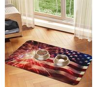 Super Absorbent Dog Food Mat, Fireworks American Flag Pet Feeding Mat for Food and Water Bowls Non-Slip Waterproof Placement Pad for Floors Quick Dry Water Dispenser Mat for Dogs Puppy Cats