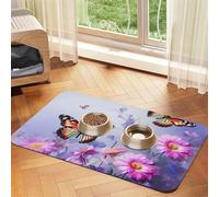 Super Absorbent Dog Food Mat, Flowers and Butterfly Pet Feeding Mat for Food and Water Bowls Non-Slip Waterproof Placement Pad for Floors Quick Dry Water Dispenser Mat for Dogs Puppy Cats