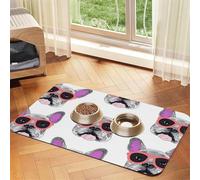 Super Absorbent Dog Food Mat, French Bulldog Pink Glasses Pet Feeding Mat for Food and Water Bowls Non-Slip Waterproof Placement Pad for Floors Quick Dry Water Dispenser Mat for Dogs Puppy Cats