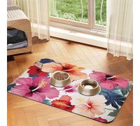 Super Absorbent Dog Food Mat, Hawaiian Flower Print Pet Feeding Mat for Food and Water Bowls Non-Slip Waterproof Placement Pad for Floors Quick Dry Water Dispenser Mat for Dogs Puppy Cats