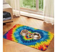 Super Absorbent Dog Food Mat, Heart Rainbow Tie-Dyed Pet Feeding Mat for Food and Water Bowls Non-Slip Waterproof Placement Pad for Floors Quick Dry Water Dispenser Mat for Dogs Puppy Cats