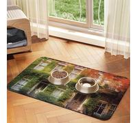 Super Absorbent Dog Food Mat, Leafy Townhouses Pet Feeding Mat for Food and Water Bowls Non-Slip Waterproof Placement Pad for Floors Quick Dry Water Dispenser Mat for Dogs Puppy Cats