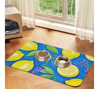 Super Absorbent Dog Food Mat, Lemon Blue Yellow Boho Pet Feeding Mat for Food and Water Bowls Non-Slip Waterproof Placement Pad for Floors Quick Dry Water Dispenser Mat for Dogs Puppy Cats