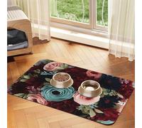 Super Absorbent Dog Food Mat, Maroon and Navy Flowers Pet Feeding Mat for Food and Water Bowls Non-Slip Waterproof Placement Pad for Floors Quick Dry Water Dispenser Mat for Dogs Puppy Cats