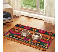 Super Absorbent Dog Food Mat, Mexican Folk Art Boho Pet Feeding Mat for Food and Water Bowls Non-Slip Waterproof Placement Pad for Floors Quick Dry Water Dispenser Mat for Dogs Puppy Cats