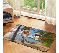 Super Absorbent Dog Food Mat, Paradise Beach Palm Trees Pet Feeding Mat for Food and Water Bowls Non-Slip Waterproof Placement Pad for Floors Quick Dry Water Dispenser Mat for Dogs Puppy Cats