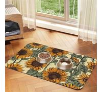 Super Absorbent Dog Food Mat, Romantic Sunflowers Pet Feeding Mat for Food and Water Bowls Non-Slip Waterproof Placement Pad for Floors Quick Dry Water Dispenser Mat for Dogs Puppy Cats