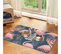 Super Absorbent Dog Food Mat, Summer Flamingo Palm Leaves Pet Feeding Mat for Food and Water Bowls Non-Slip Waterproof Placement Pad for Floors Quick Dry Water Dispenser Mat for Dogs Puppy Cats