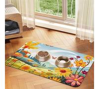 Super Absorbent Dog Food Mat, Sun Butterflies Dragonfly Flowers Pet Feeding Mat for Food and Water Bowls Non-Slip Waterproof Placement Pad for Floors Quick Dry Water Dispenser Mat for Dogs Puppy Cats