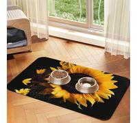 Super Absorbent Dog Food Mat, Sunflower On Black Background Pet Feeding Mat for Food and Water Bowls Non-Slip Waterproof Placement Pad for Floors Quick Dry Water Dispenser Mat for Dogs Puppy Cats