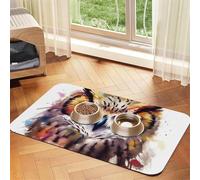 Super Absorbent Dog Food Mat, Watercolor Cool Owl Head Pet Feeding Mat for Food and Water Bowls Non-Slip Waterproof Placement Pad for Floors Quick Dry Water Dispenser Mat for Dogs Puppy Cats