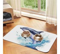 Super Absorbent Dog Food Mat, Watercolor Dolphin in The Sea Pet Feeding Mat for Food and Water Bowls Non-Slip Waterproof Placement Pad for Floors Quick Dry Water Dispenser Mat for Dogs Puppy Cats