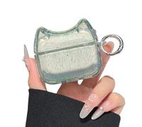 Super Beautiful Glitter Bling Transparent Clear Earphone Case for AirPods Pro/Pro 2, Cute Lovely Cat Face Soft TPU Silicone Case, Earbuds Kitty Ear Cover Protective Skin Protector -Green