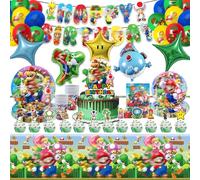 Super Bro Geburtstag Deko, 86Stück Luftballon Geburtstag Deko ,Geburtstag Geschirr Set Mit Banner, Kuchendekoration, Ballons, Papierteller, Tassen,Serviettenpapier Und Tischdecke