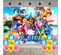 Super Bros Birthday Party Decoration,Smash Bros Party Photo Background 5 x 3 FT and 18 Pcs Balloon,Bros Merch Party Backdrop Supplies