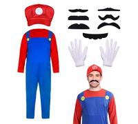 Super Brother Fancy Dress Set Bros Costume Accessories Set Video Game Role Plumber Cosplay Kits with Hat Gloves Mustaches Halloween Dress Up for Party Supplies Halloween Cosplay