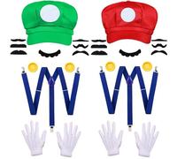 Super Brothers Costume Accessories Set, Video Game Role Cosplay Kits with Hats Gloves Mustaches Buttons Suspender Super Bros Dress Up Set for World Book Day Halloween Party (Red+Green)