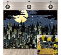 Super City Backdrop for Photography 7x5FT Yellow Full Moon Skyline Cityscape Superhero Background City Theme Boys Birthday Party Banner Decorations Photo Props