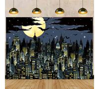 Super City Backdrop for Photography Yellow Full Moon Skyline Cityscape Superhero Background City Theme Boys Birthday Party Banner Decorations Photo Props (8x6FT)