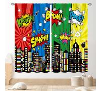 Super City Hero Curtain, Comic Style Cityscape Skyline Buildings Cartoon Window Curtains for Boys Kids Teens Baby Room Bedroom Living Nursery 2 Panel Sets, 55"x63" Inch