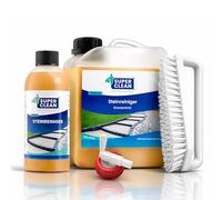 SUPER CLEAN Stone Cleaner Concentrate 2L+ 500 ml + Handle Brush + Outlet Tap - for Patio, Concrete, Natural Stone & Paving Slabs - Cleaner Against Green Growth, Dirt & Deposits - For up to 250 m²