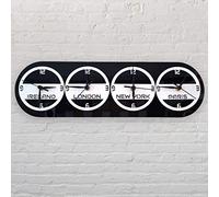 Super Cool Creations Bespoke Named Four Round Shaped Time Zone Clocks & Desk Stand (Many Matt Colour Choices) 50cm x 15.5cm (Black Back/Silver Front)