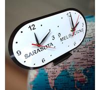 Super Cool Creations Bespoke Named Two Oval Time Zone Clocks & Desk Stand (Many Colour Mirror & Matt Colour Choices) 30cm x 15.5cm (Midnight Black Matt Back/Moonlight White Matt Front)