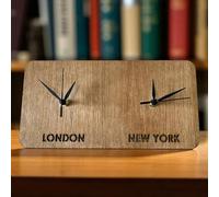 Super Cool Creations Dual Time Zone Wall Clock, Custom Names or Countries, Oak Wooden Design with Black Hands 30cm x 15cm