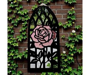 Super Cool Creations Gothic Arch Garden Mirror with Rose Gold and Silver Acrylic Frame, Rose Design Wall Decor for Outdoor Garden, 58cm x 26cm