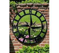 Super Cool Creations Mirror Compass Rose Wall Art, Garden Decor, Black, Round Nautical Design, 58cm