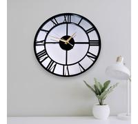 Super Cool Creations Round Skeleton Roman Numerals Clock, Black Front & Silver Acrylic MIrror Backing & Silver Hands - 25cm Diameter