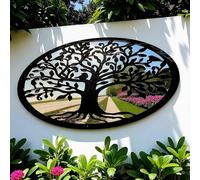 Super Cool Creations Tree of Life Mirror Wall Art, Oval Garden Decor, Black Decorative Outdoor Panel, 38cm x 58cm