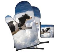 Super Cow Flying Printed Oven Mitts and Pot Holders Heat Resistant Set of 3 Pcs, Modern Kitchen Gloves & Potholders for Cooking Baking Grilling