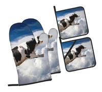 Super Cow Flying Printed Oven Mitts and Pot Holders Heat Resistant Set of 4 Pcs, Modern Kitchen Gloves & Potholders for Cooking Baking Grilling