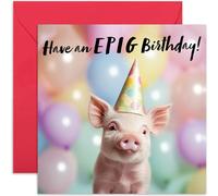 Super Cute Birthday Card for Child Teen or Adult - Pig BDay Greeting Cards for Friends and Family - Funny Gifts to Celebrate age - Blank Inside